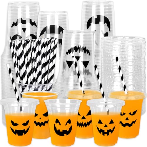 Whaline 60Pcs Halloween Disposable Plastic Cups with Lids and Straws 12oz JackOLantern Pumpkin Cold Beverage Drinking Cups Scary Printed Party Cup for Trick or Treat Party Supplies